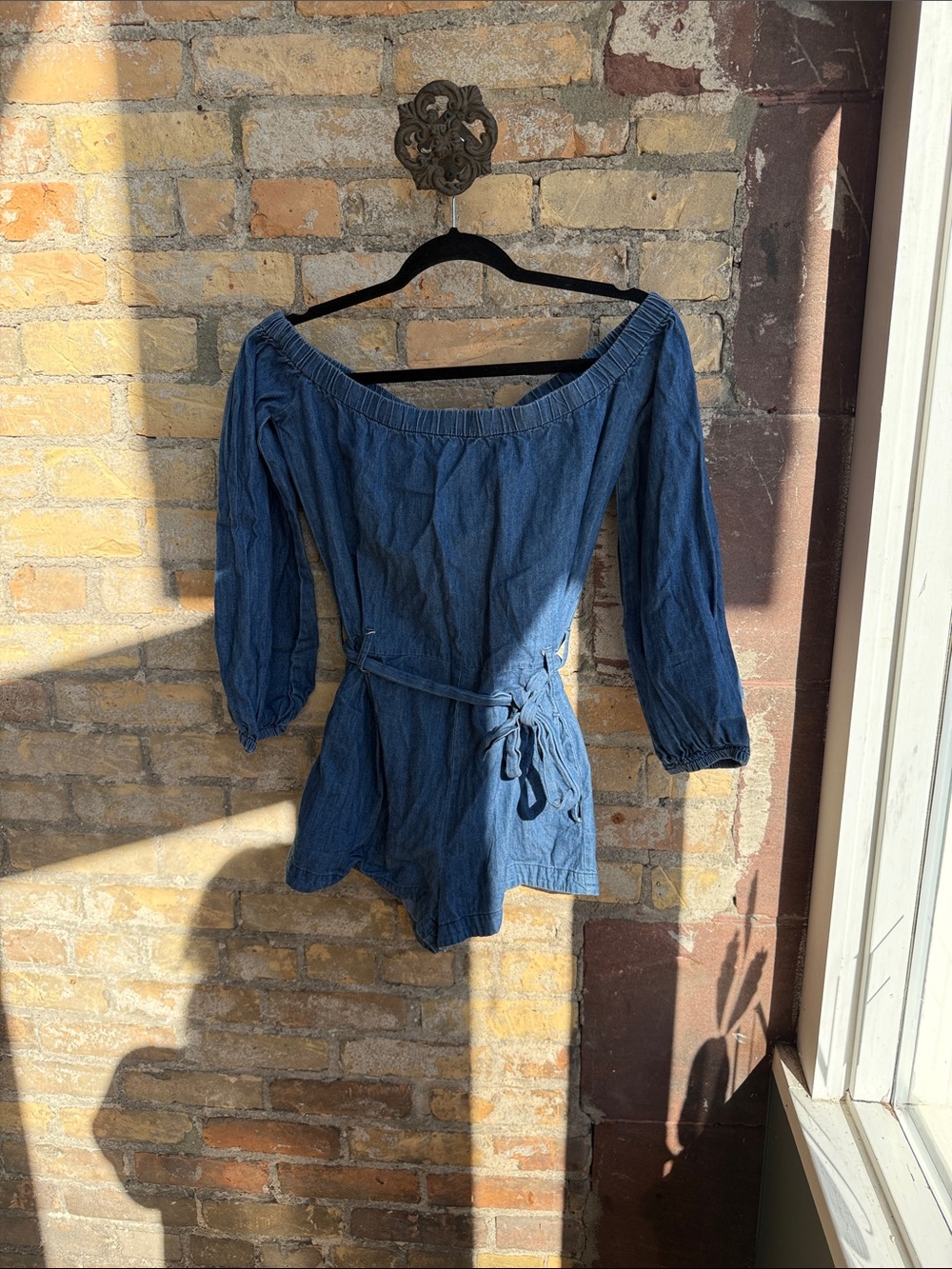 Women’s Off-Shoulder Blue Denim Tie-Waist Romper